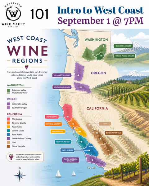 Colorful map of West Coast wine regions (WA, OR, CA) with labeled valleys and an event banner for 'Intro to West Coast September 1 @ 7PM'