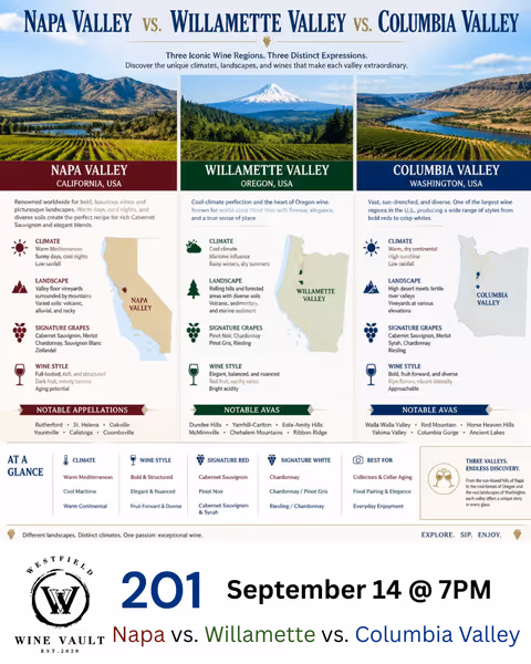 Comparison infographic of Napa Valley, Willamette Valley, and Columbia Valley with landscape photos and key wine traits (climate, scenery, signature grapes).