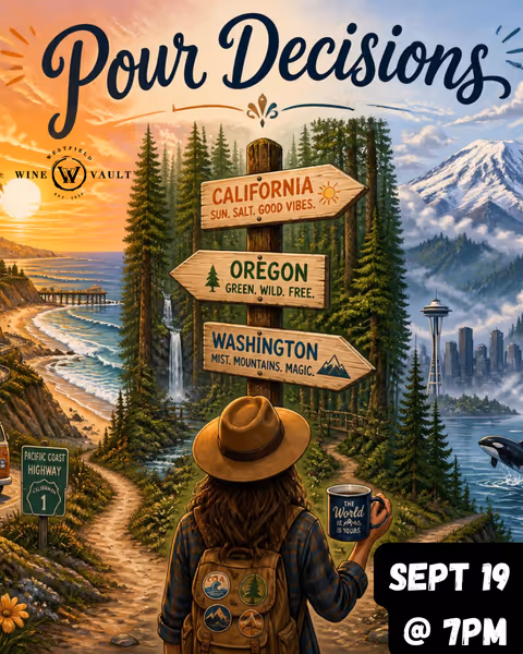 Illustrated poster with a hiker's back facing signposts for California, Oregon, and Washington at sunset, promoting Pour Decisions on Sept 19 at 7 PM.