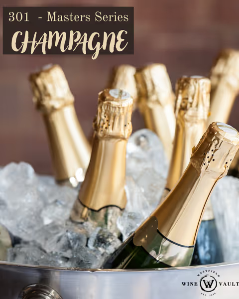 Chilled champagne bottles in an ice bucket with gold foil, label reads '301 - Masters Series CHAMPAGNE' and a 'Wine Vault' logo in the corner.